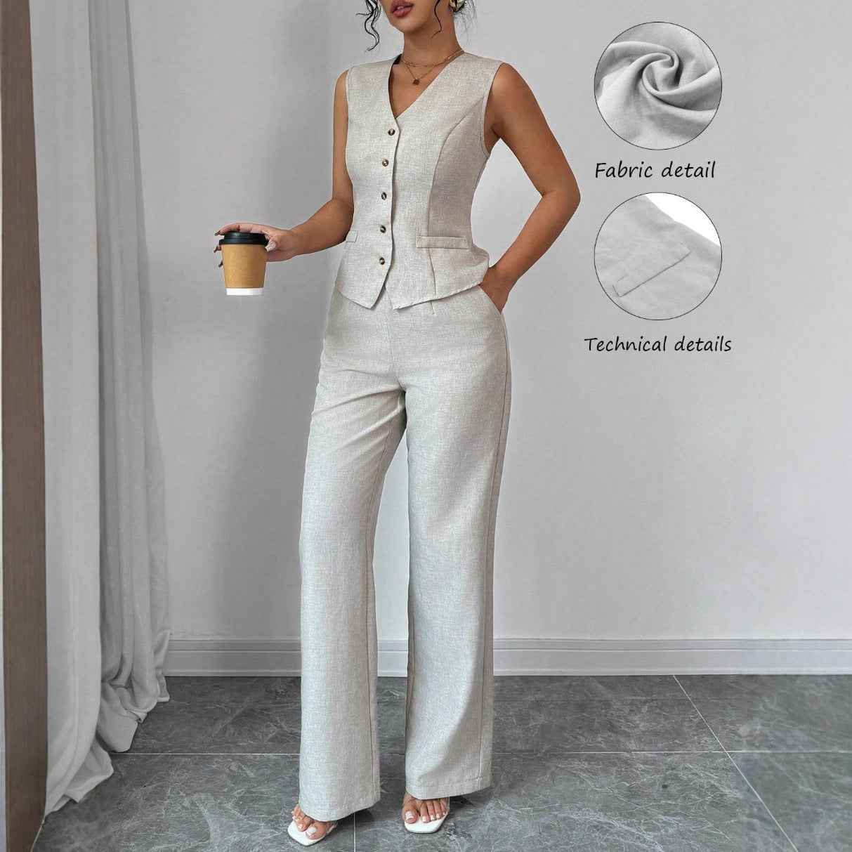 Women's Long-Sleeve Top & Full-Length Pants Co-Ord Set — Light Gray