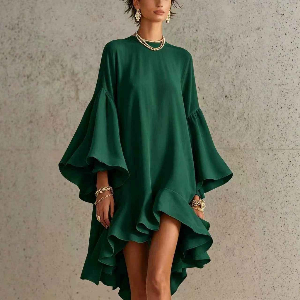 Asymmetrical Round-neck Dress With Puff Sleeves And Ruffled Trim