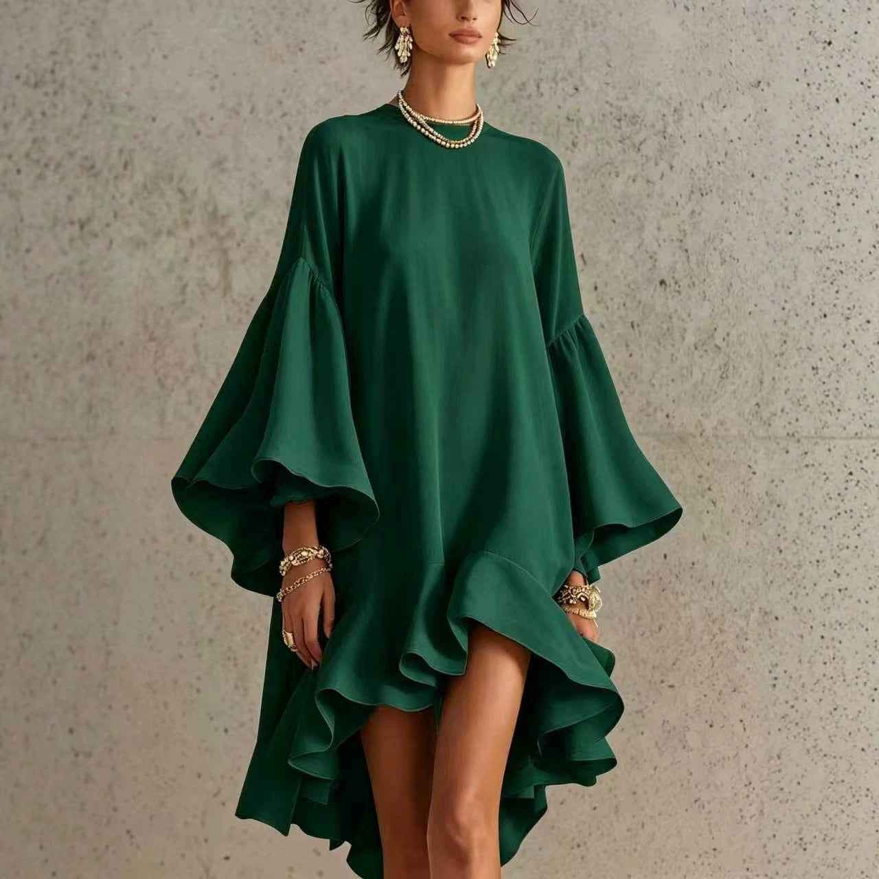 Asymmetrical Round-neck Dress With Puff Sleeves And Ruffled Trim