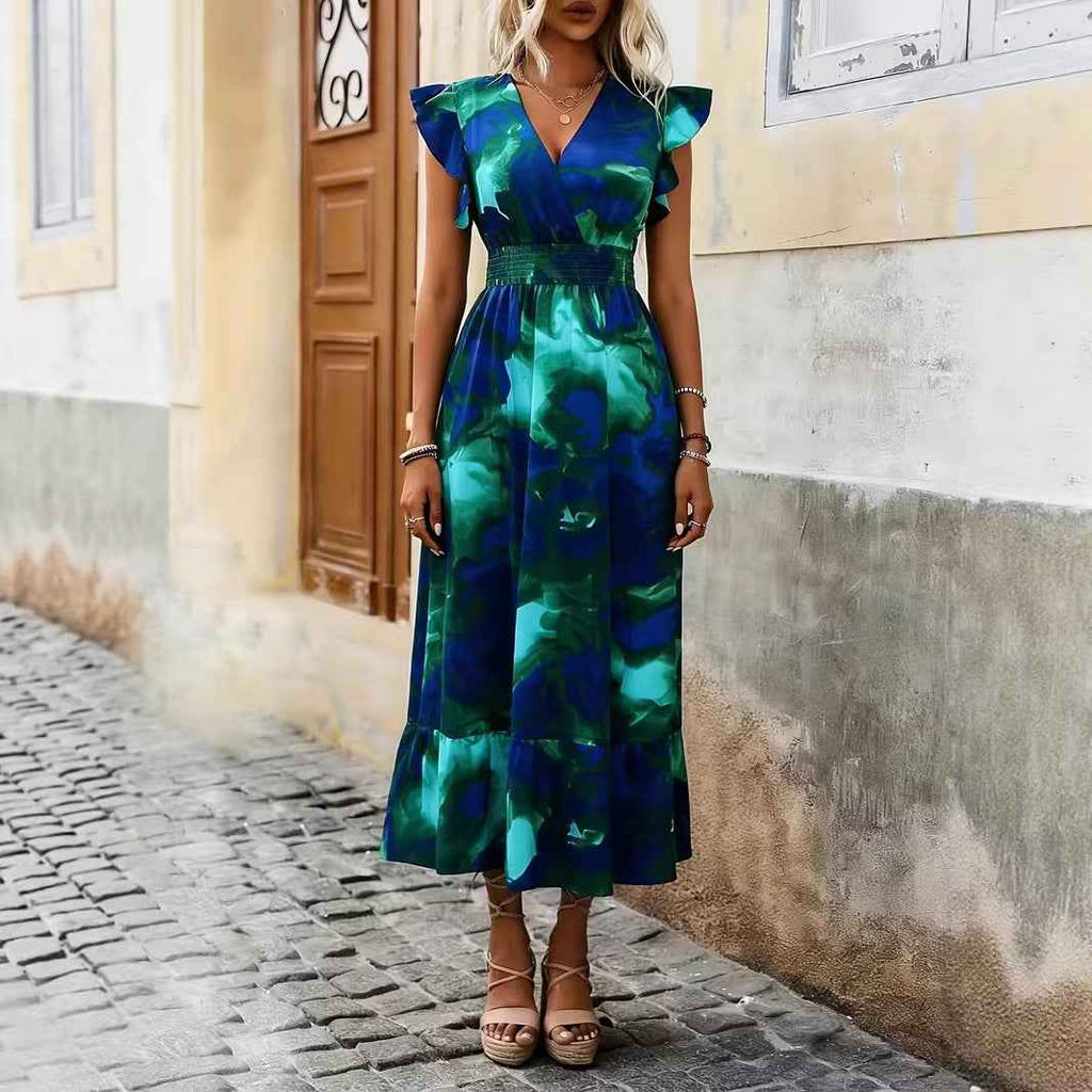 Floral Print V-Neck A-Line Flared Dress – Plus Size