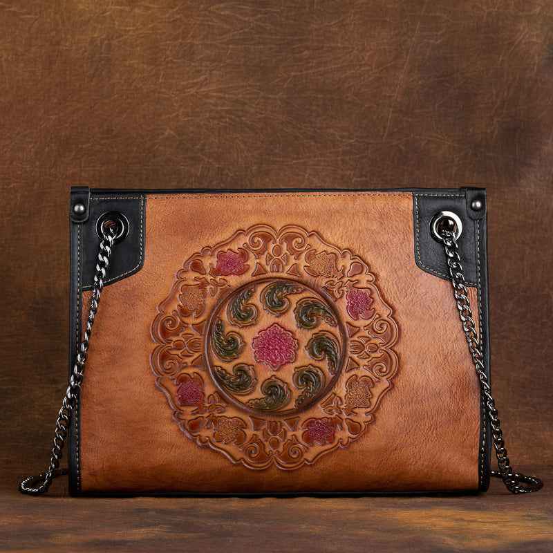 Full-Grain Leather Tote Bag — Embossed Cowhide, Large Capacity