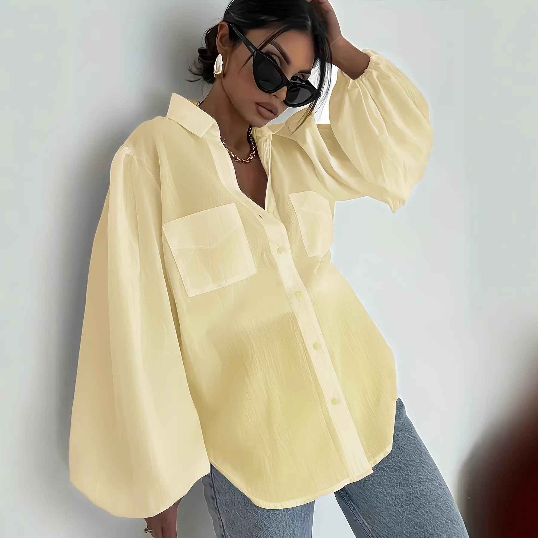Solid-color Long Sleeves With Double Flap Pockets And A Lapel Collar