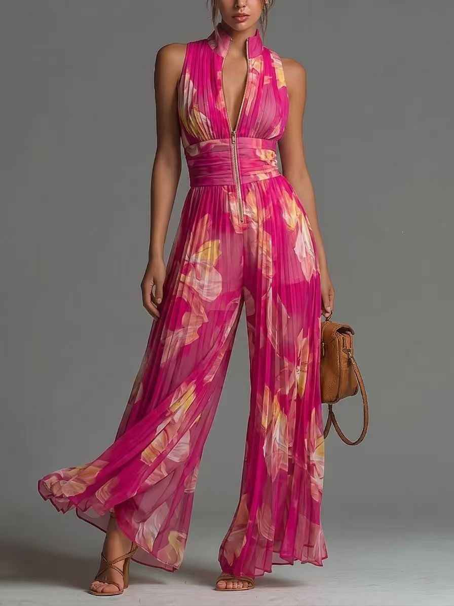 Wide-Leg Jumpsuit – Halter Neck, Deep V, Pleated High Waist & Front Zipper