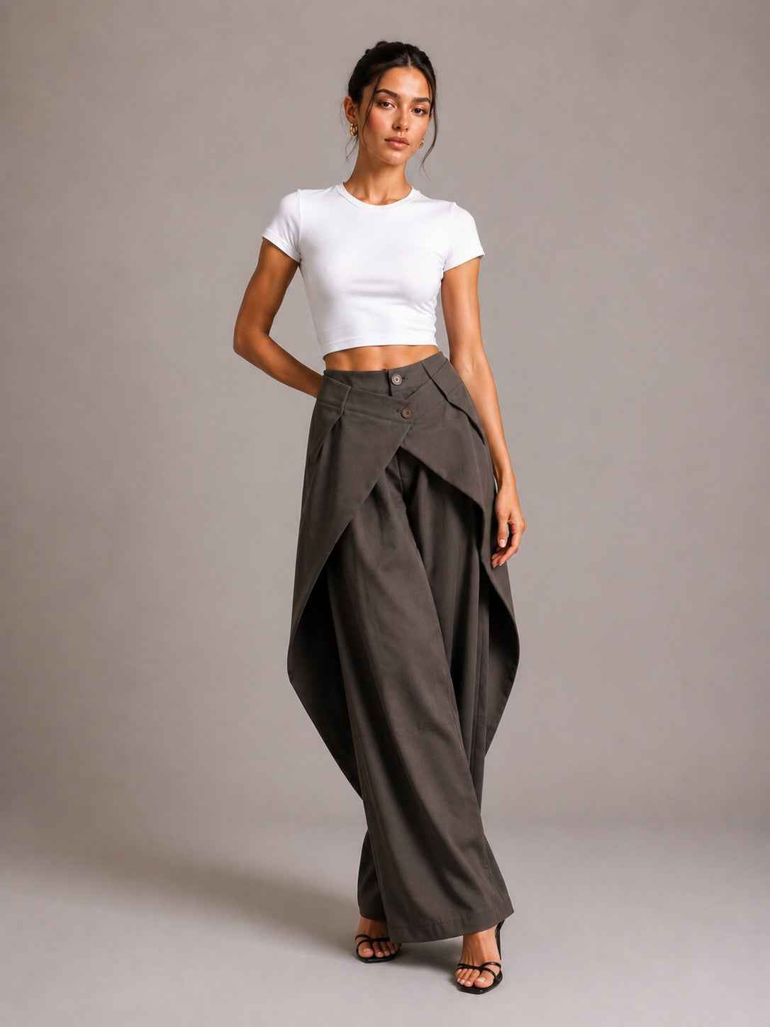 Asymmetric Cross Over Fold Waist Deconstructed Wide Leg Tailored Pants
