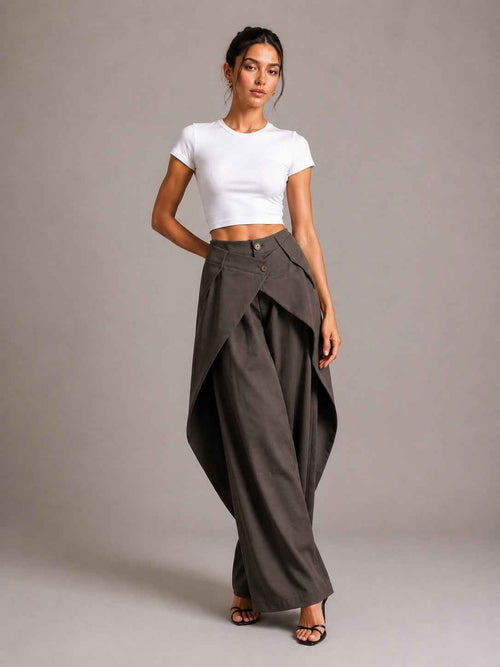 Asymmetric Cross Over Fold Waist Deconstructed Wide Leg Tailored Pants
