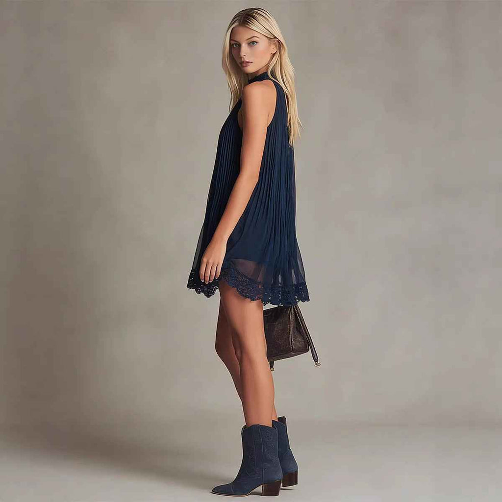 Womens Lace-trimmed Sleeveless Chiffon Mini Dress