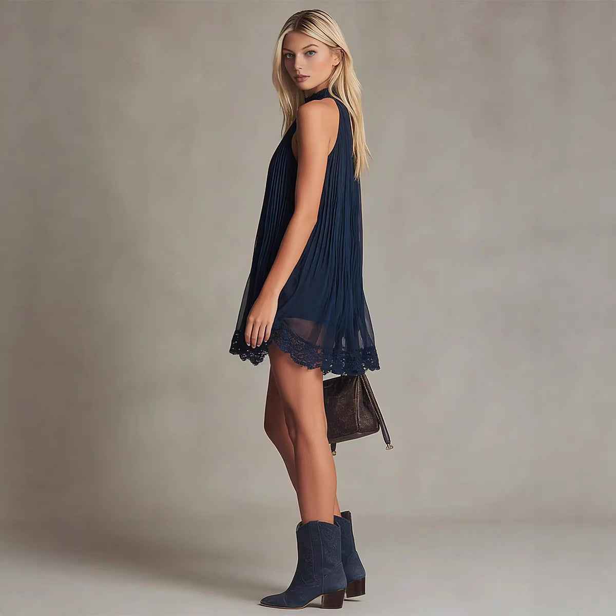 Womens Lace-trimmed Sleeveless Chiffon Mini Dress