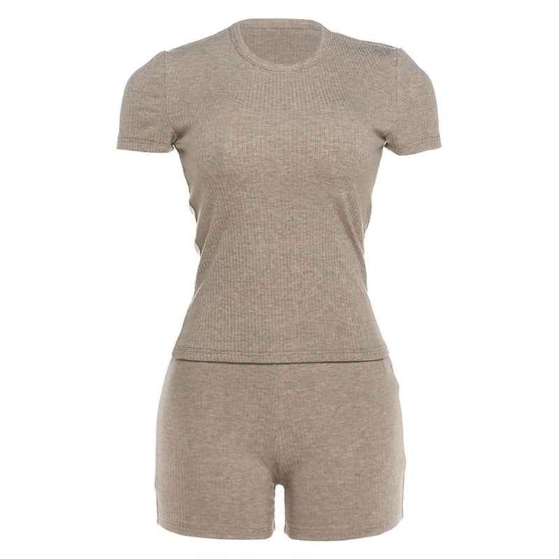 Womens Crew-neck Waist-cinched Short-sleeve Top And Shorts Set