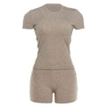Womens Crew-neck Waist-cinched Short-sleeve Top And Shorts Set