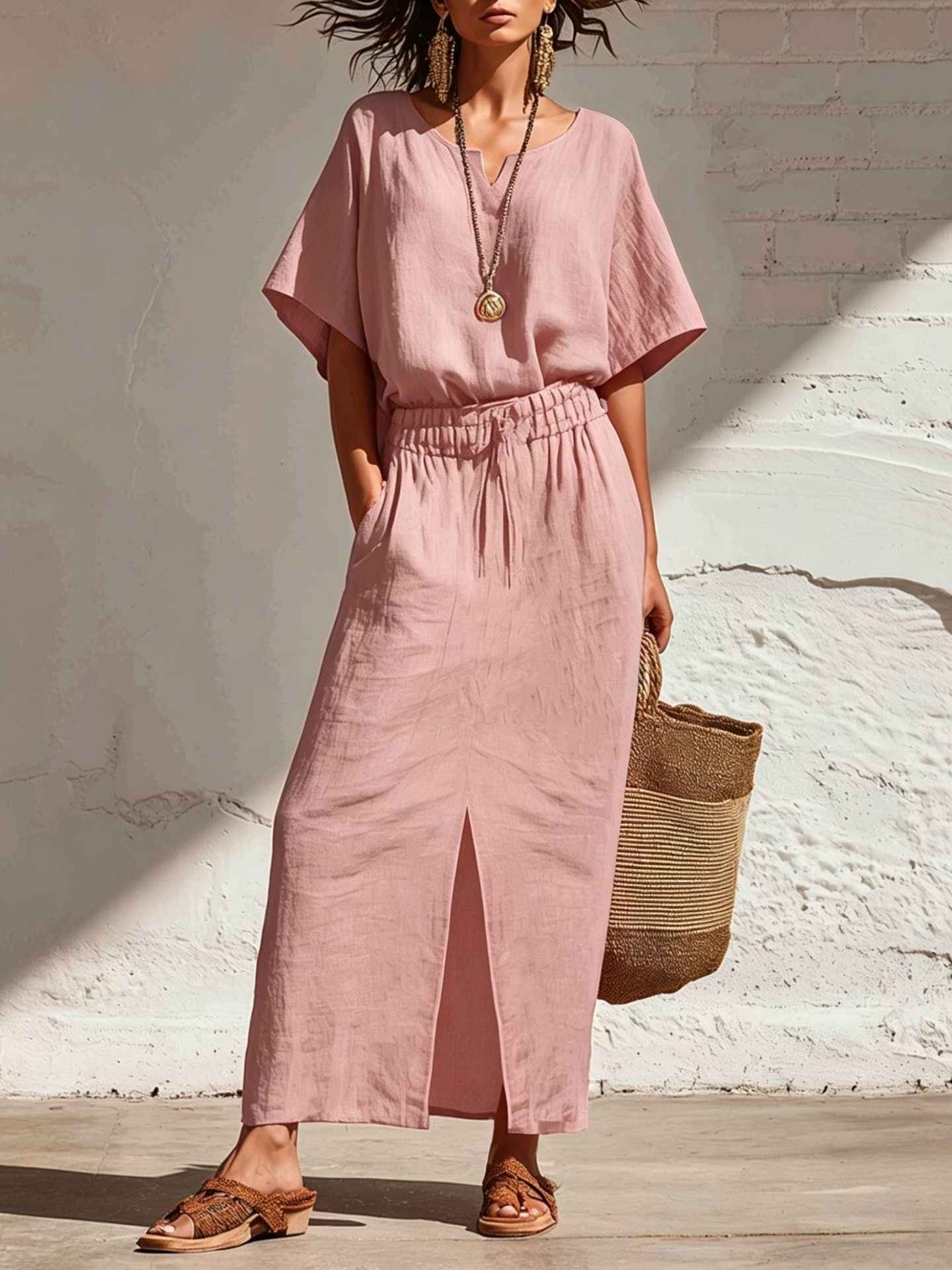 Boho Batwing V-Neck Top & Wide-Leg Maxi Skirt Two-Piece Set