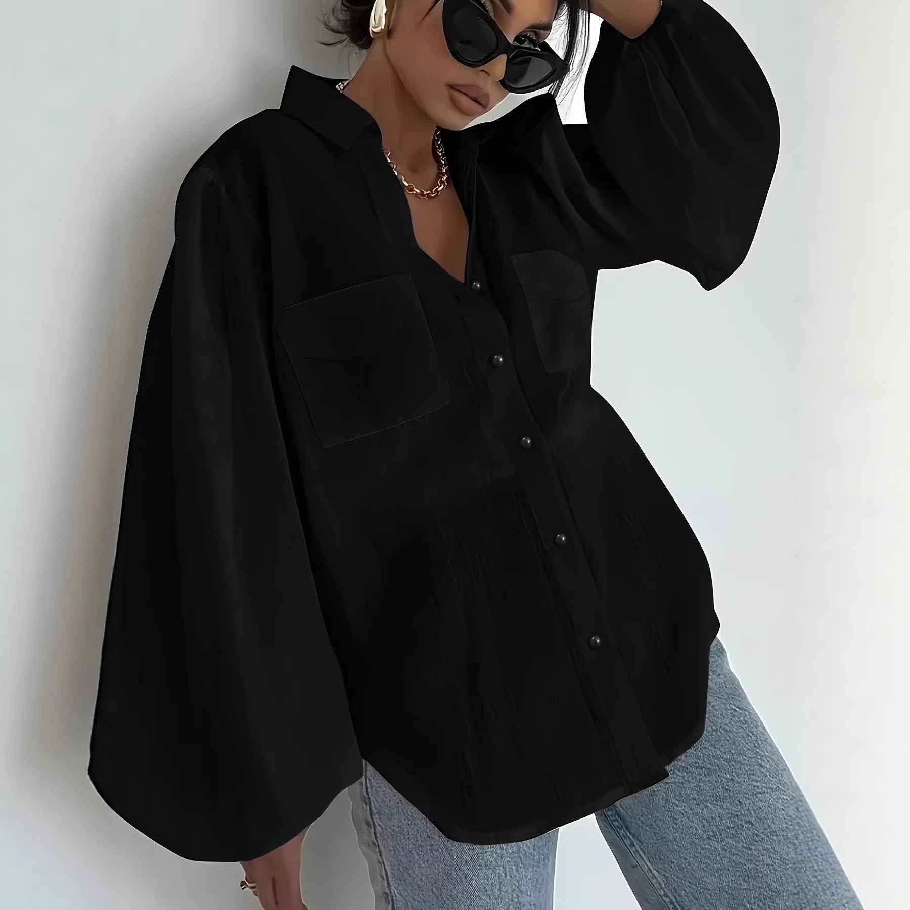 Solid-color Long Sleeves With Double Flap Pockets And A Lapel Collar