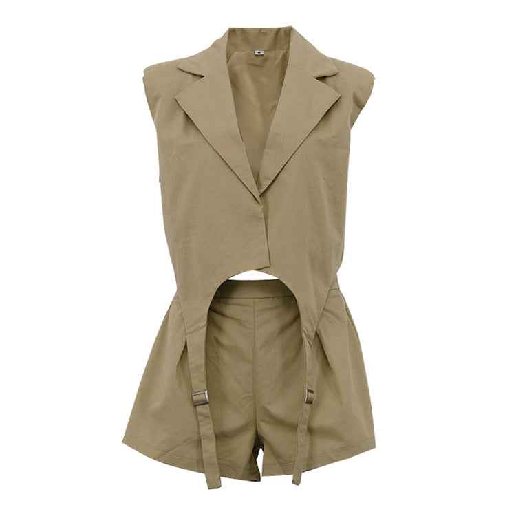 Khaki Oversized Sleeveless Blazer & Shorts Co-ord Set