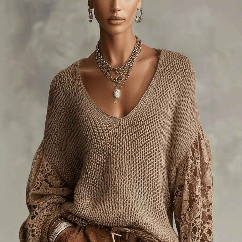 Lace Hollow-Out Knit Sweater | Puff Sleeve V-Neck Pullover