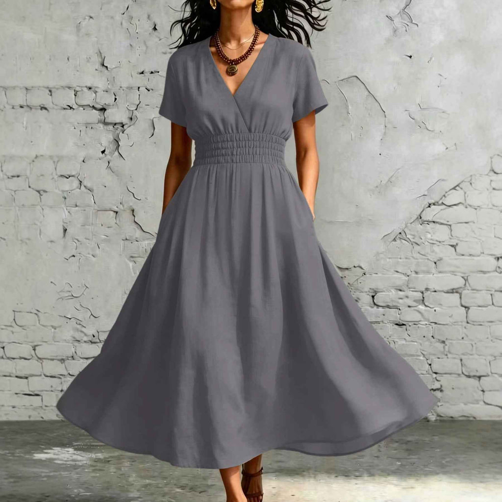 V-Neck Flared Sleeve Midi Dress – Elastic Waist