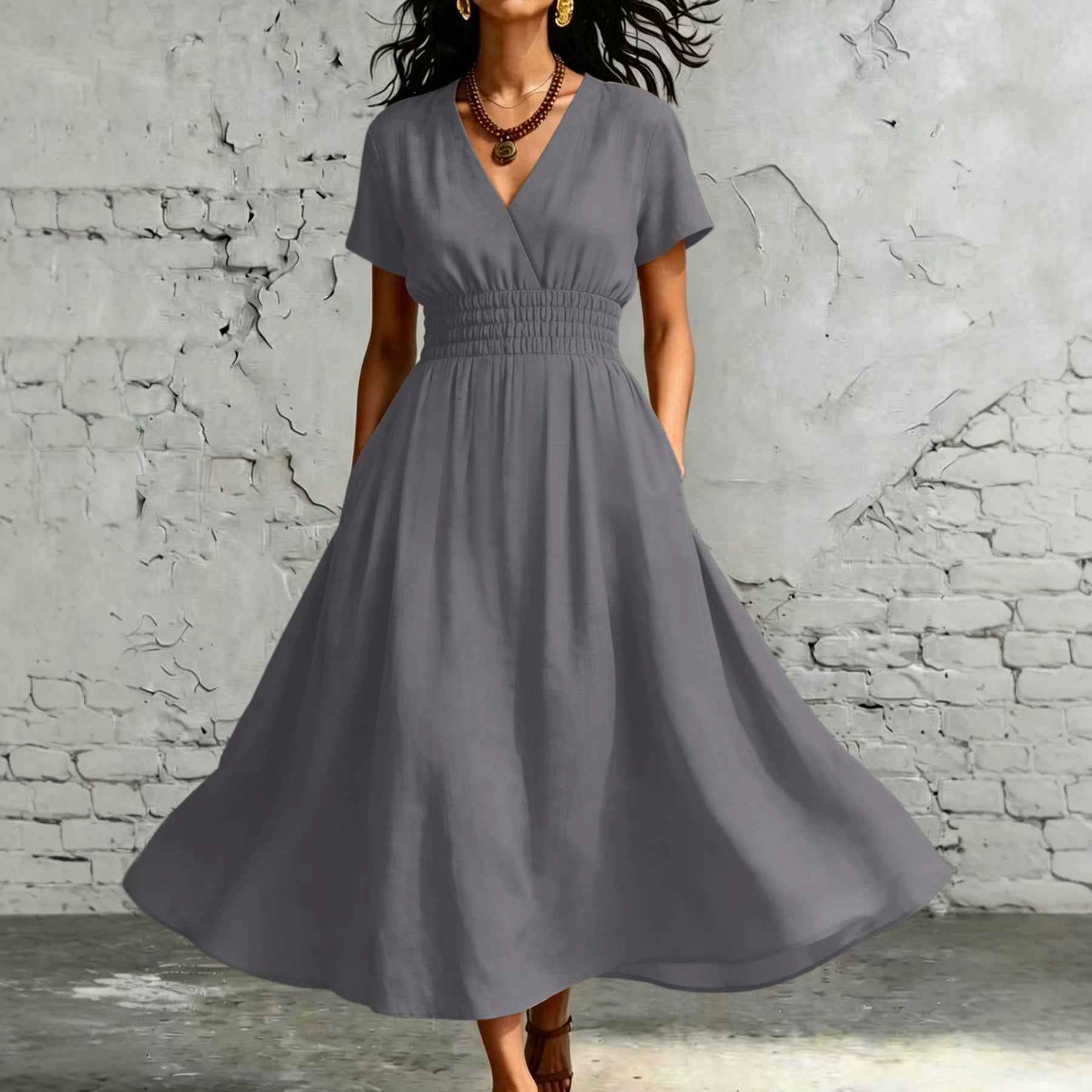 V-Neck Flared Sleeve Midi Dress – Elastic Waist