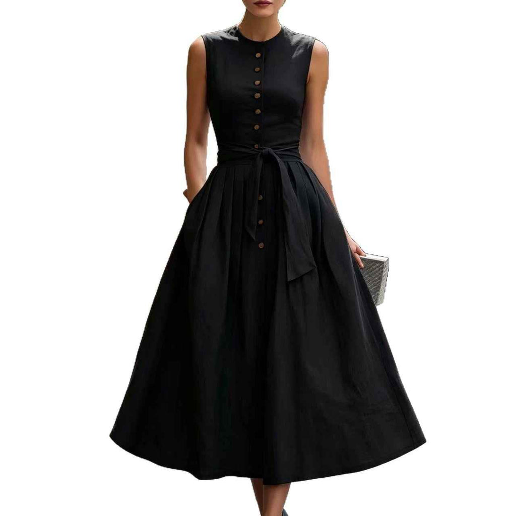 Sleeveless Off-Shoulder Pleated Flared Hem Linen Maxi Dress
