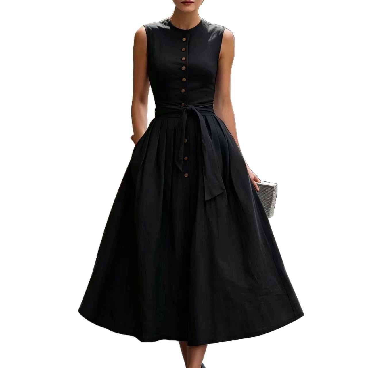 Sleeveless Off-Shoulder Pleated Flared Hem Linen Maxi Dress