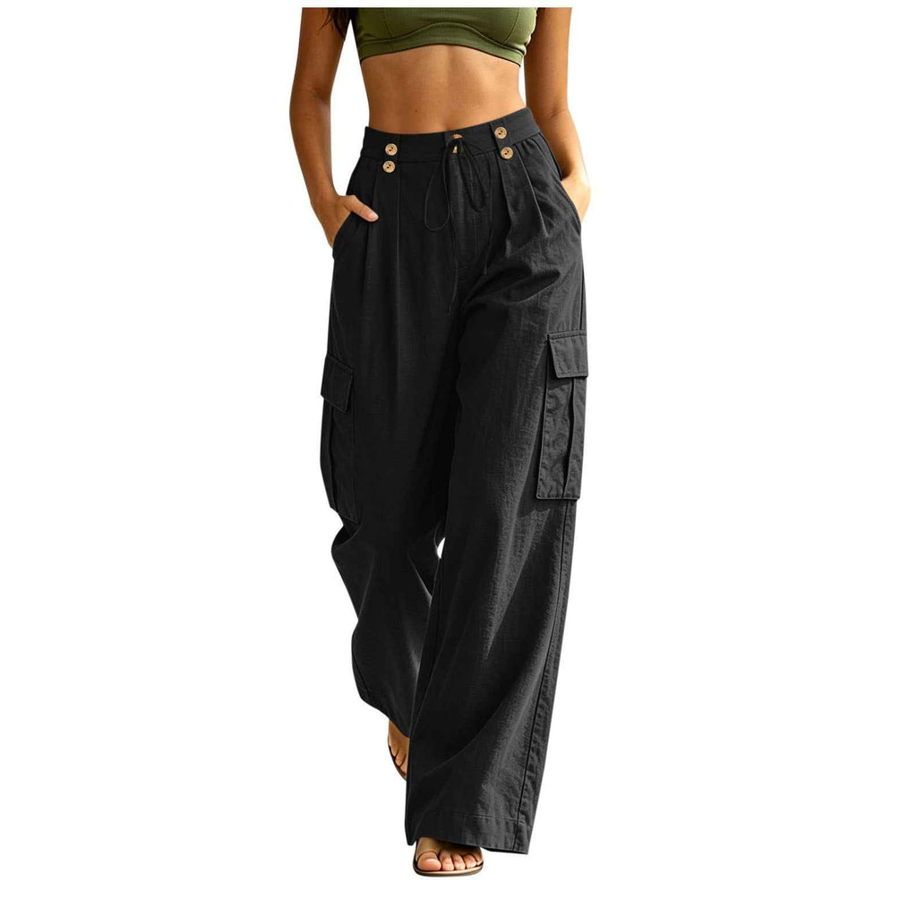 Cotton-Linen Drawstring Straight-Leg Pants – Mid-Rise with Pockets