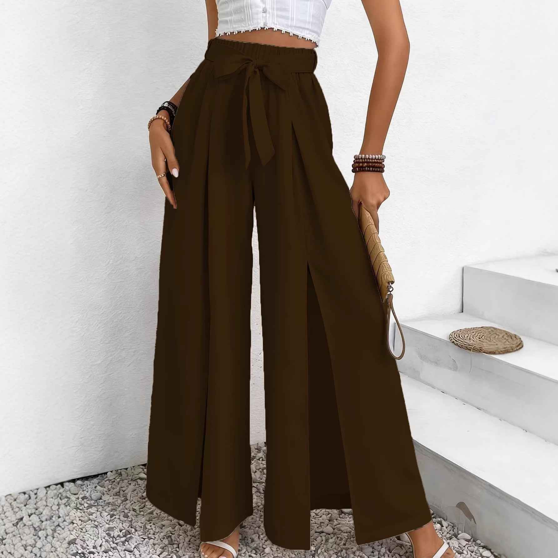 Summer New Solid-Color Casual Lace-Up Loose Womens High-Waisted Wide-Leg Long Pants