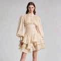High-Waist Puff-Sleeve Ruffle Hem A-Line Mini Dress