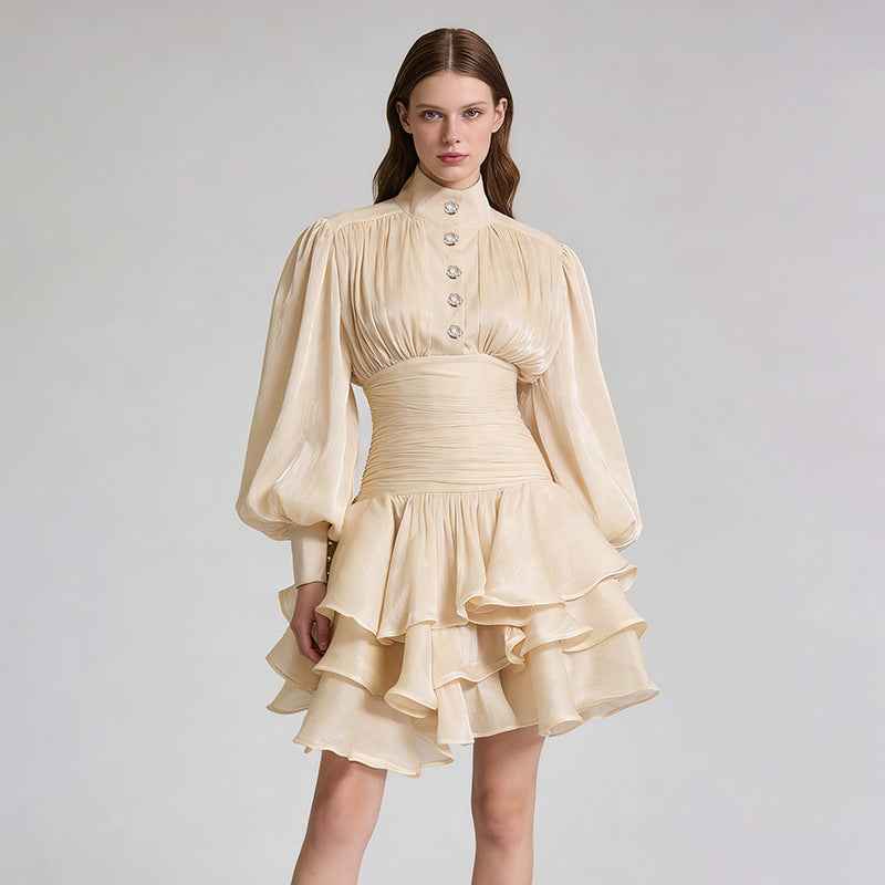 High-Waist Puff-Sleeve Ruffle Hem A-Line Mini Dress
