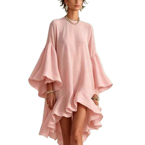 Asymmetrical Round-neck Dress With Puff Sleeves And Ruffled Trim