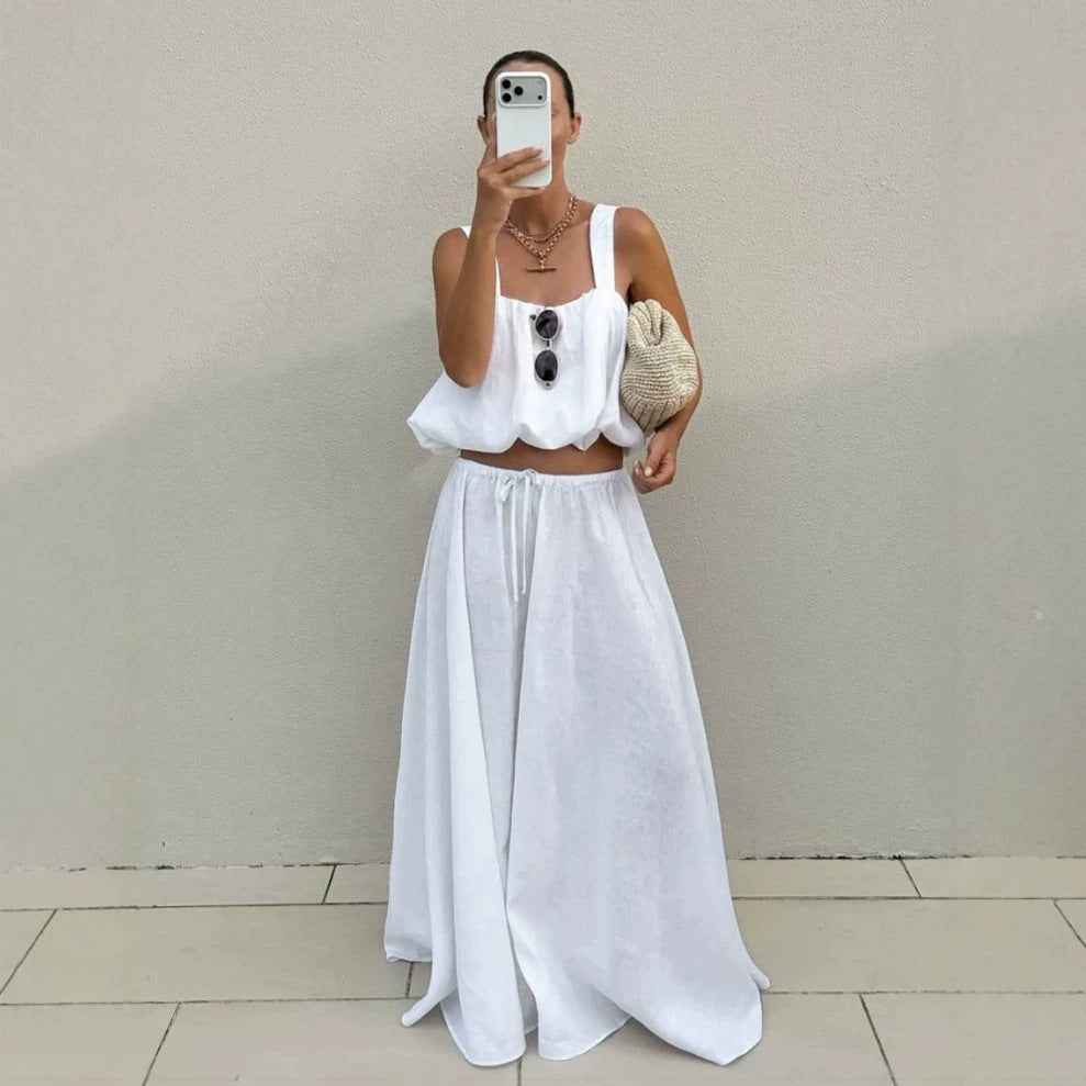 Women's White Cotton-Linen Vest & Flared Midi Skirt Two-Piece Set