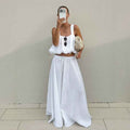 Women's White Cotton-Linen Vest & Flared Midi Skirt Two-Piece Set