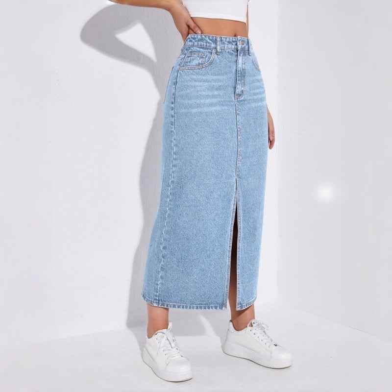 High-Waisted Light Wash Denim Midi Skirt – Front Slit A-Line Jean Skirt