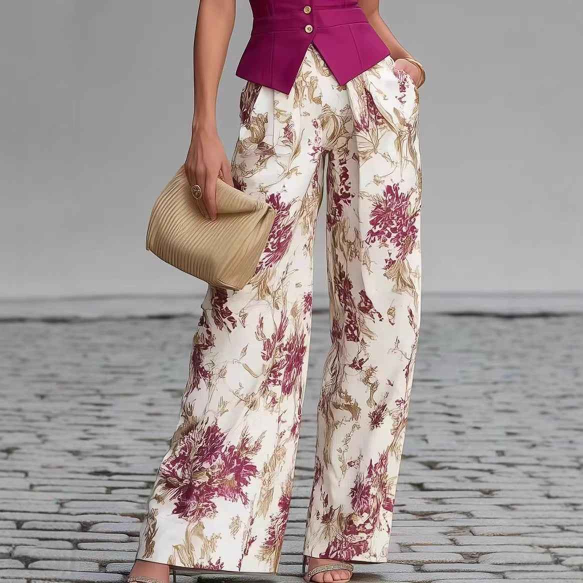 Women's Printed Buttoned Vest & Wide-Leg Pants Set — XS–2XL