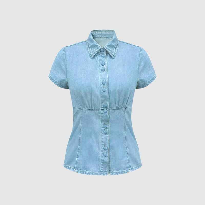 Figure-flattering Waist-cinching Single-breasted Denim Short-sleeve Shirt