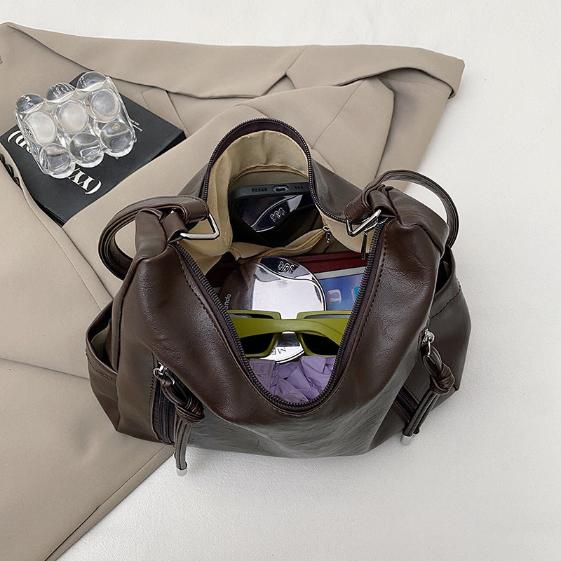 Large-Capacity PU Leather Shoulder Bag with Zipper Pocket