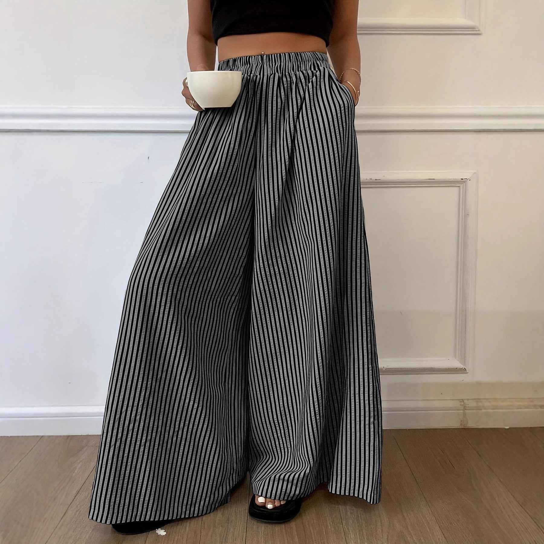 Women's Striped Elastic-Waist Wide-Leg Trousers