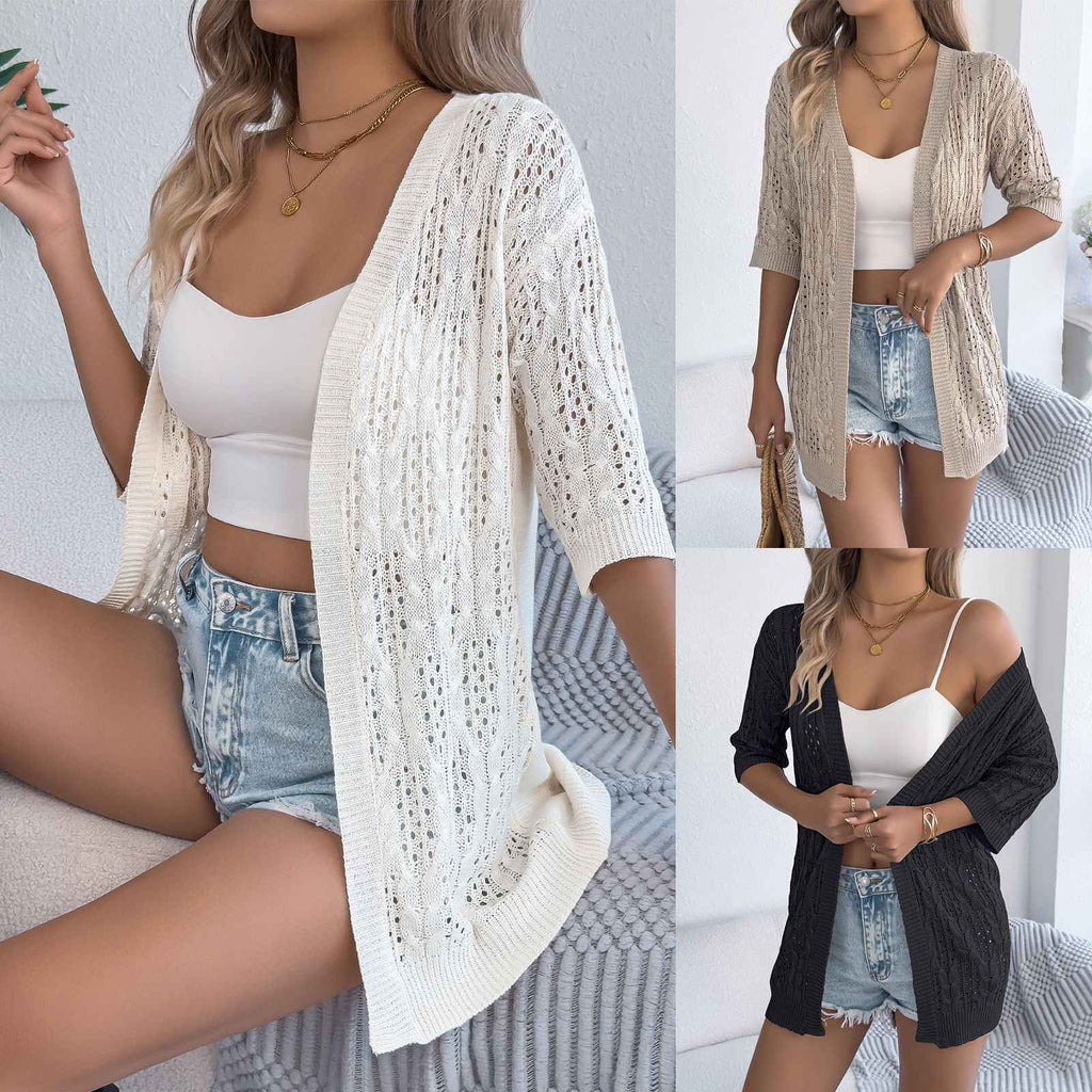 Hollow-Out Knit Cardigan – Three-Quarter Sleeve, Mid-Length