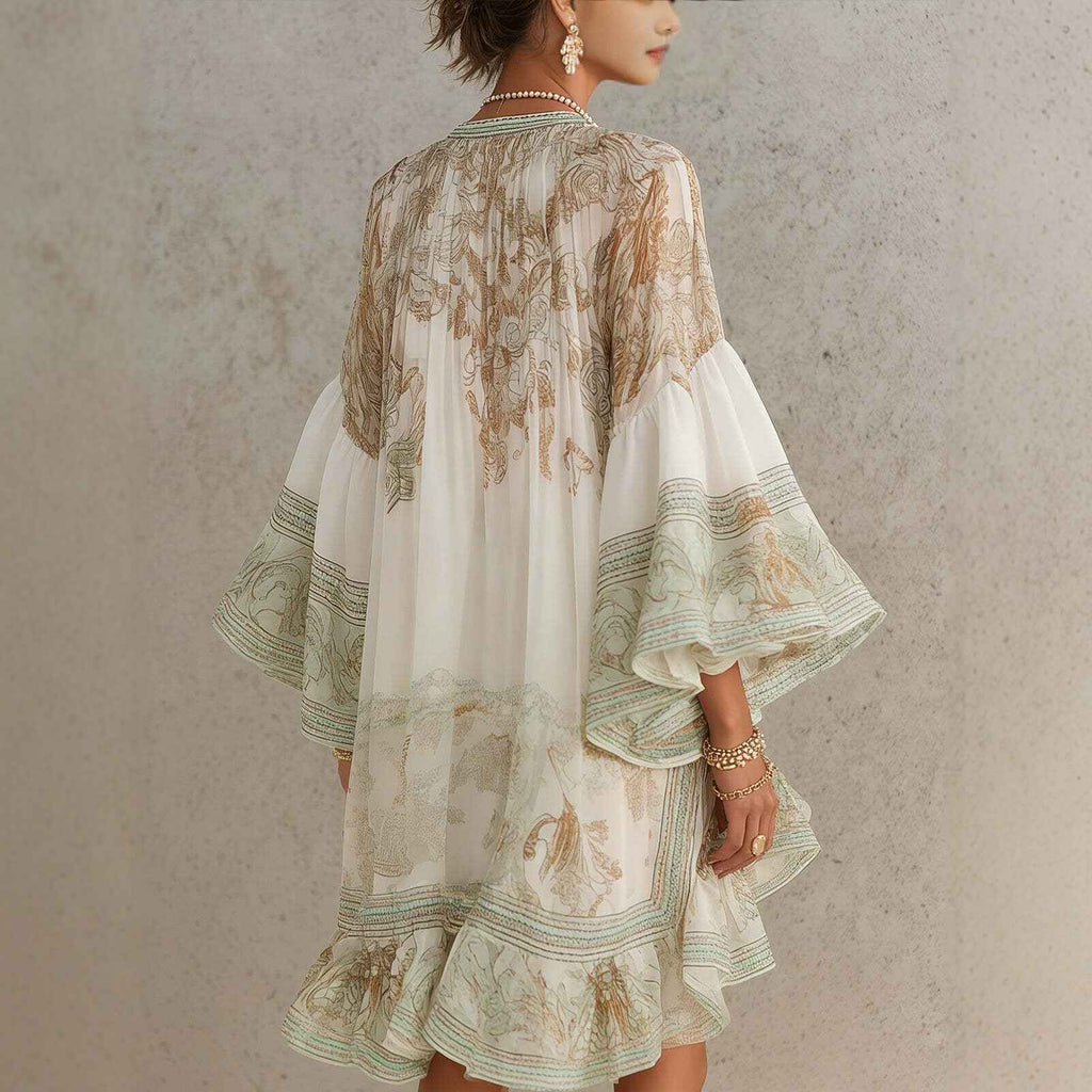 Chiffon Ruffle-Trim Midi Dress — Long Sleeve Resort Style