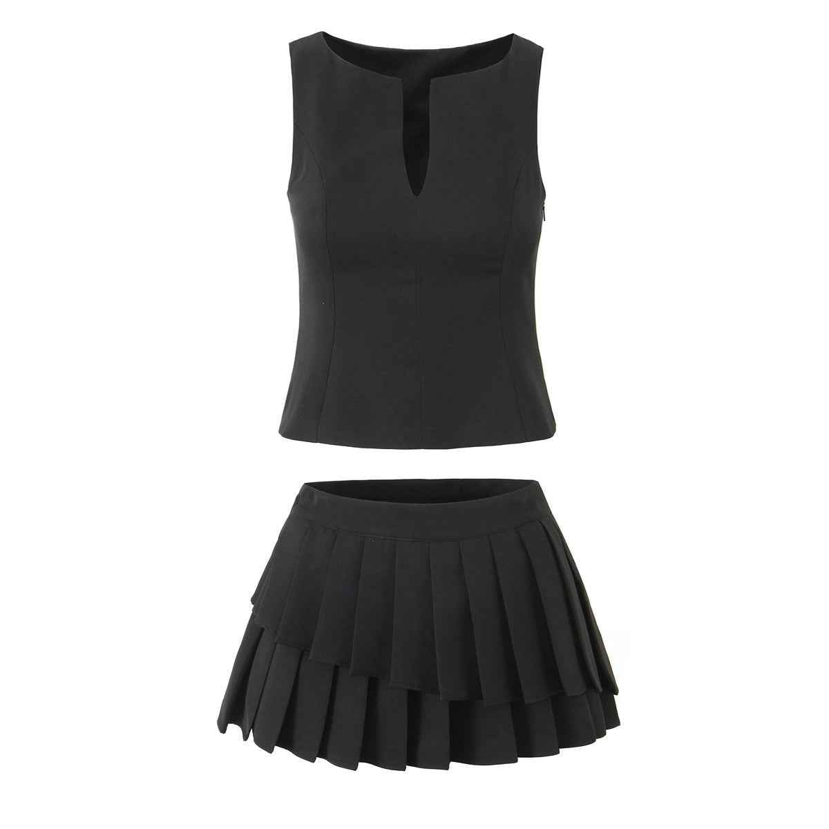 Asymmetric Spandex Tank Top & Mini Skirt Set — Black & Beige, S–L