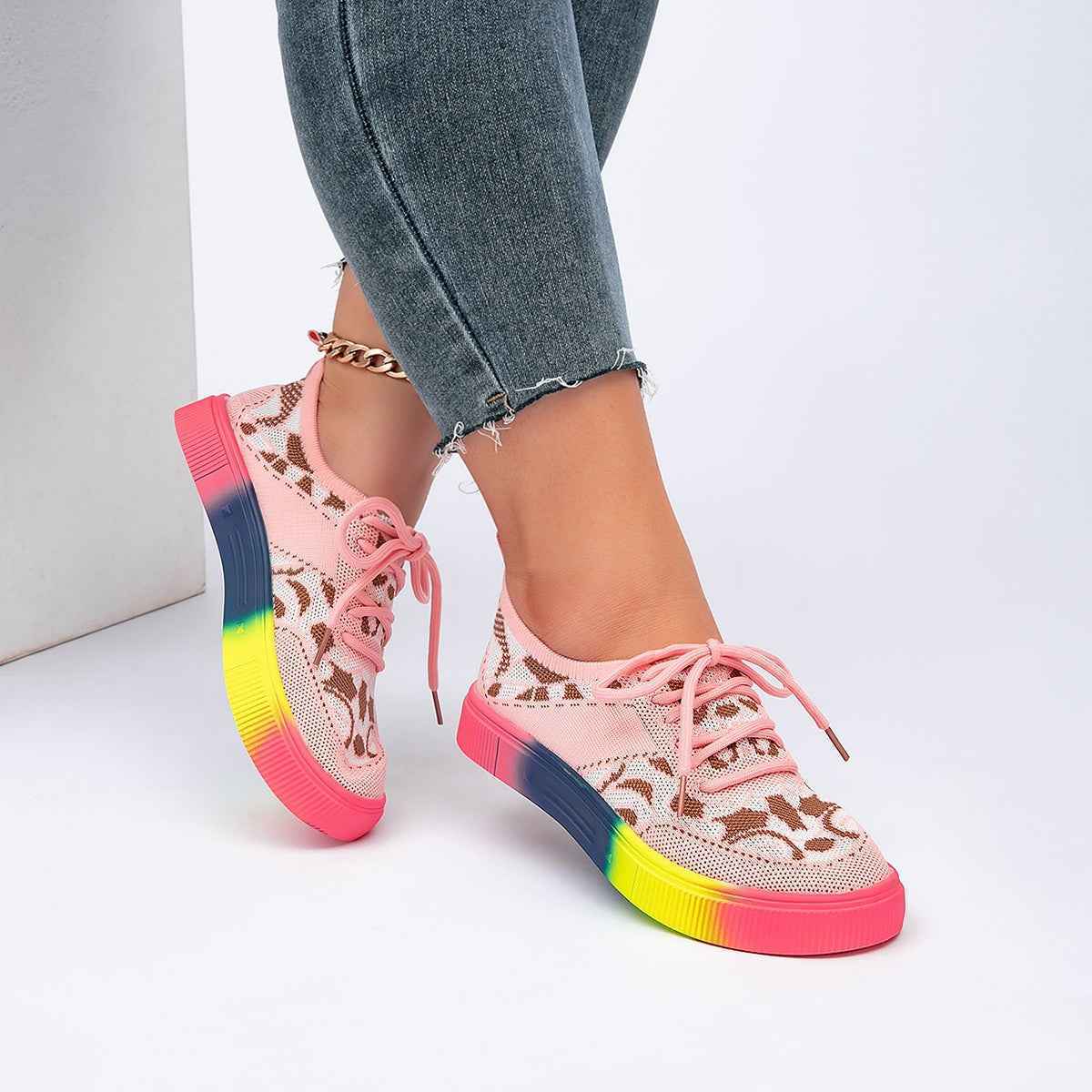 Chunky Sole Lace-Up Sneakers — Floral, Breathable, EU 36–43