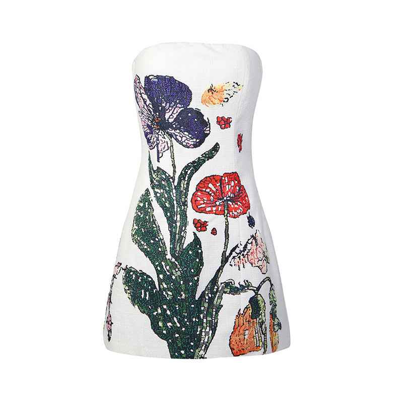 Strapless High-Waist Floral Print Slim-Fit Bodycon Mini Dress
