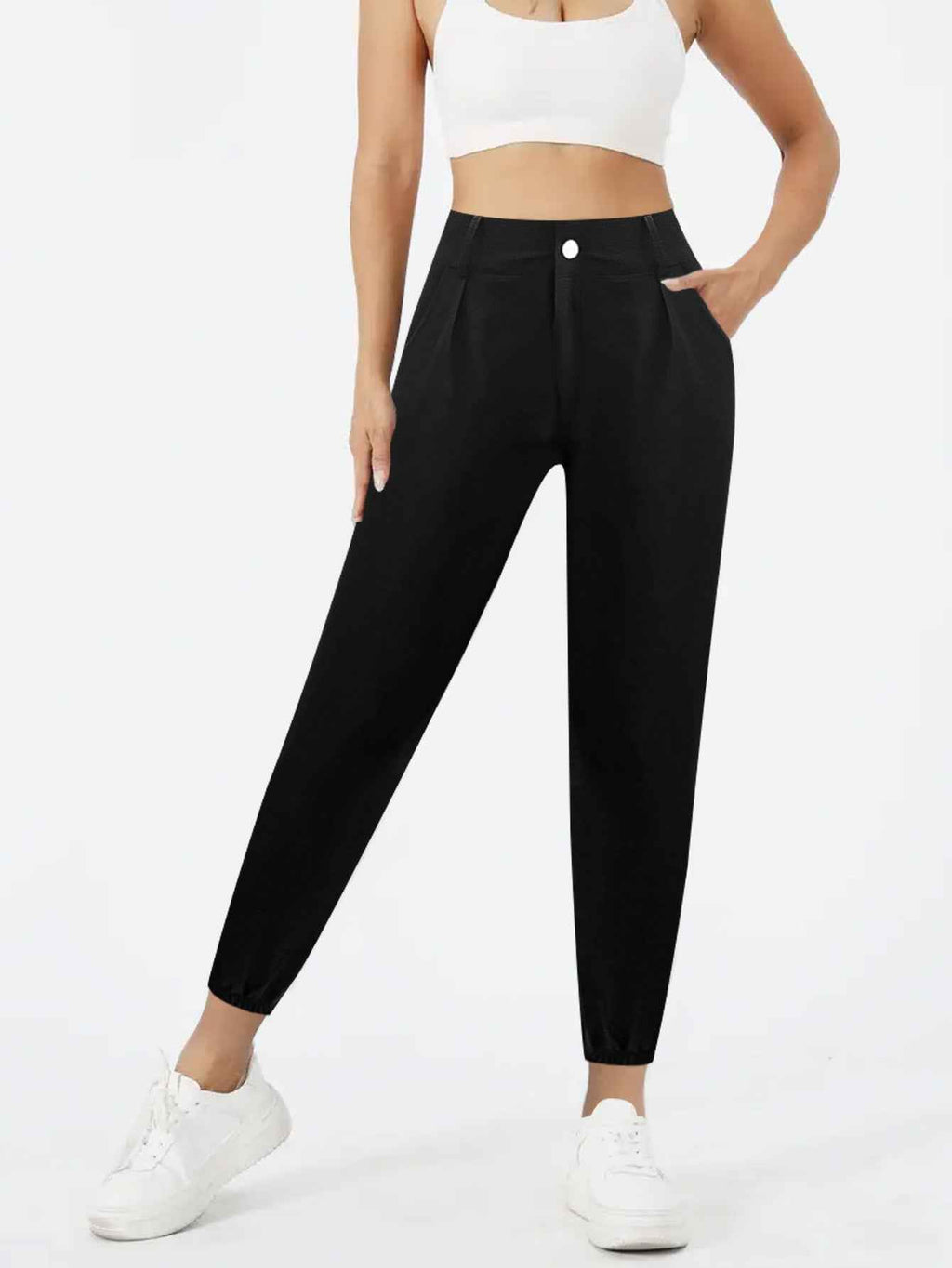 High-Waist Tapered Jogger Pants – Button Fly Ankle Trousers with Pockets