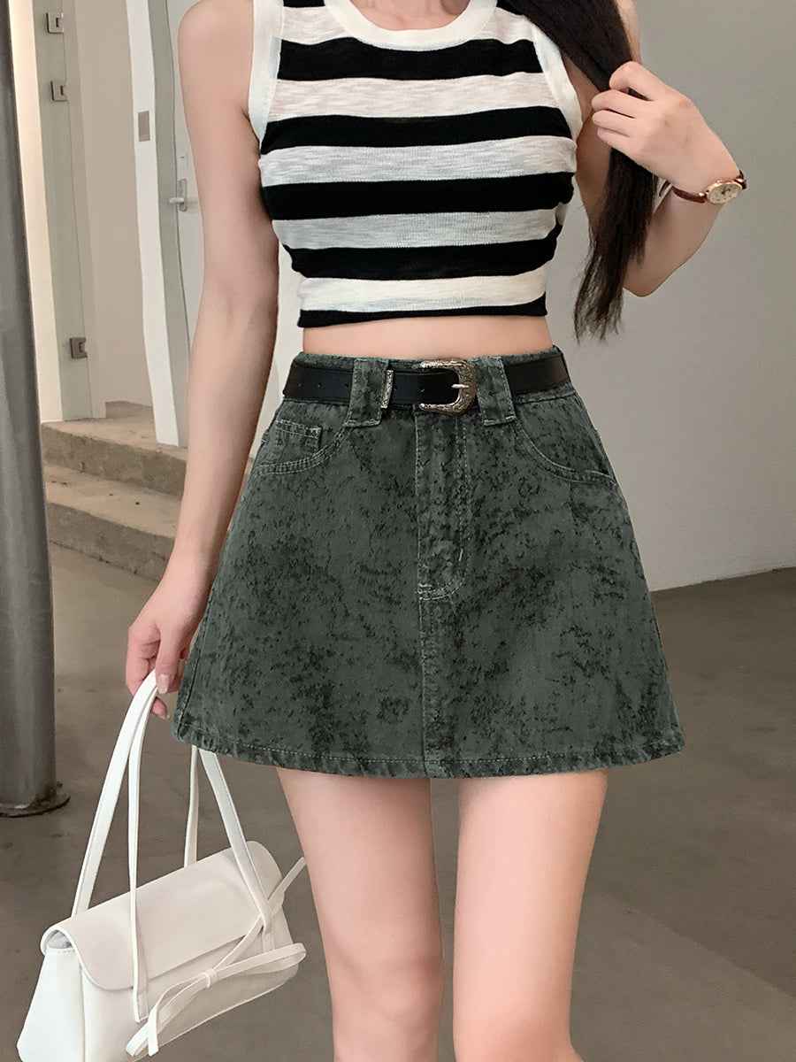 High-Waisted Tie-Dye Denim Skort with Belt – A-Line Mini with Built-in Shorts