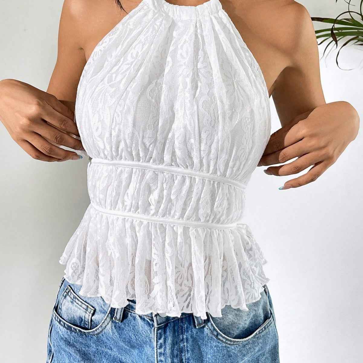 Pleated Halter Backless Tie-up Top — 10 Colours