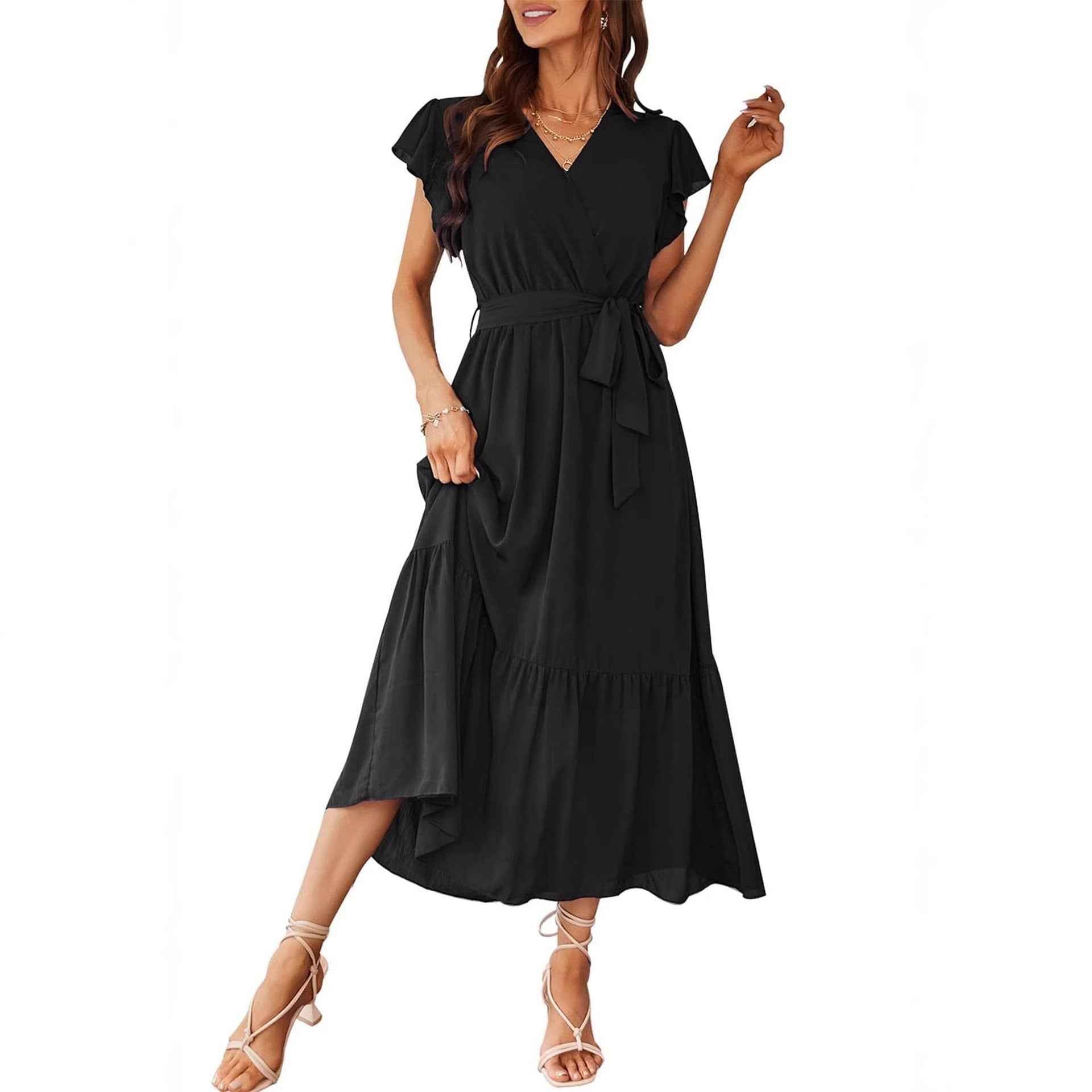 Womens Floral Print Flounce Short-Sleeve Midi Dress