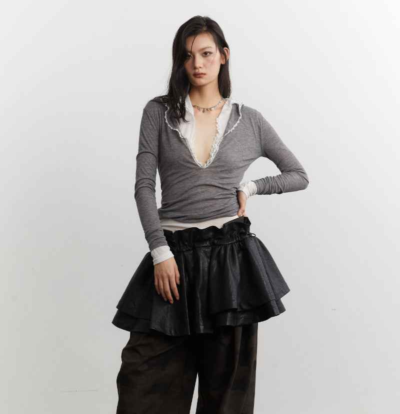 Women's Lace-Trim Long Sleeve Top – Slim Fit Elegant Base Layer
