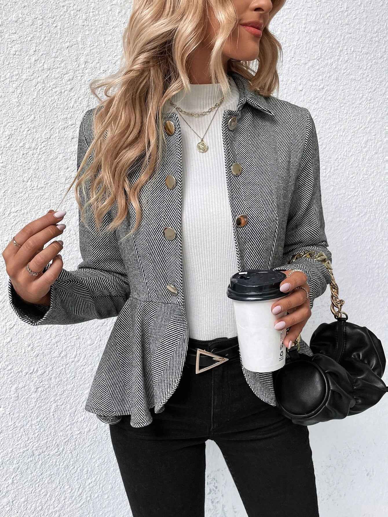 Double-Breasted Slim Blazer — Jacquard Collar, Ruffle Trim, 3 Colours