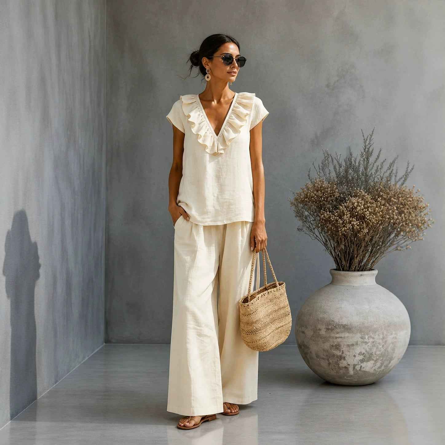 V-Neck Ruffled Hem T-Shirt & Wide-Leg Pants Set — 4 Colours