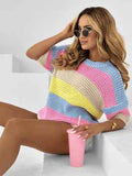 Womens Rainbow-Striped Knitted Short-Sleeve Top