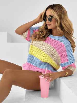 Womens Rainbow-Striped Knitted Short-Sleeve Top