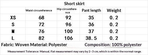 Mini skirt size chart for XS–XL with waist, hip and length measurements in centimetres