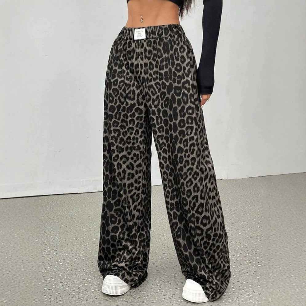Leopard Print High-Waist Wide-Leg Pants — Loose Fit, Wrinkle-Resistant