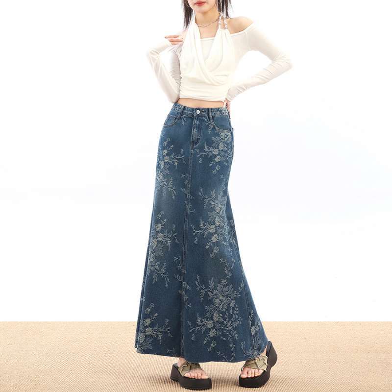 High-Waisted Jacquard Denim Skirt – French Retro